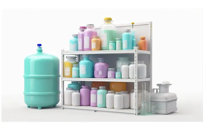 Chemical Bottles Shelf 3d Design Illustration image